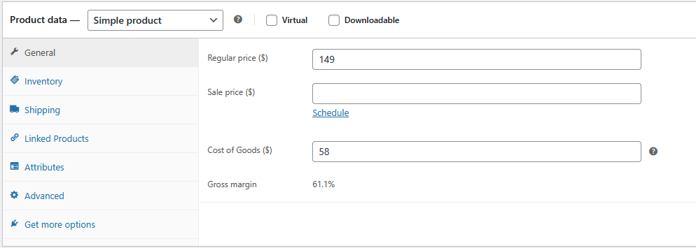 Cost of Goods field on product page
